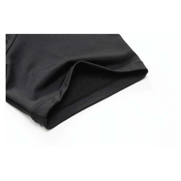 Close-up of lightweight sports compression men's shirt SF0465 made of breathable polyester and spandex, in black color.